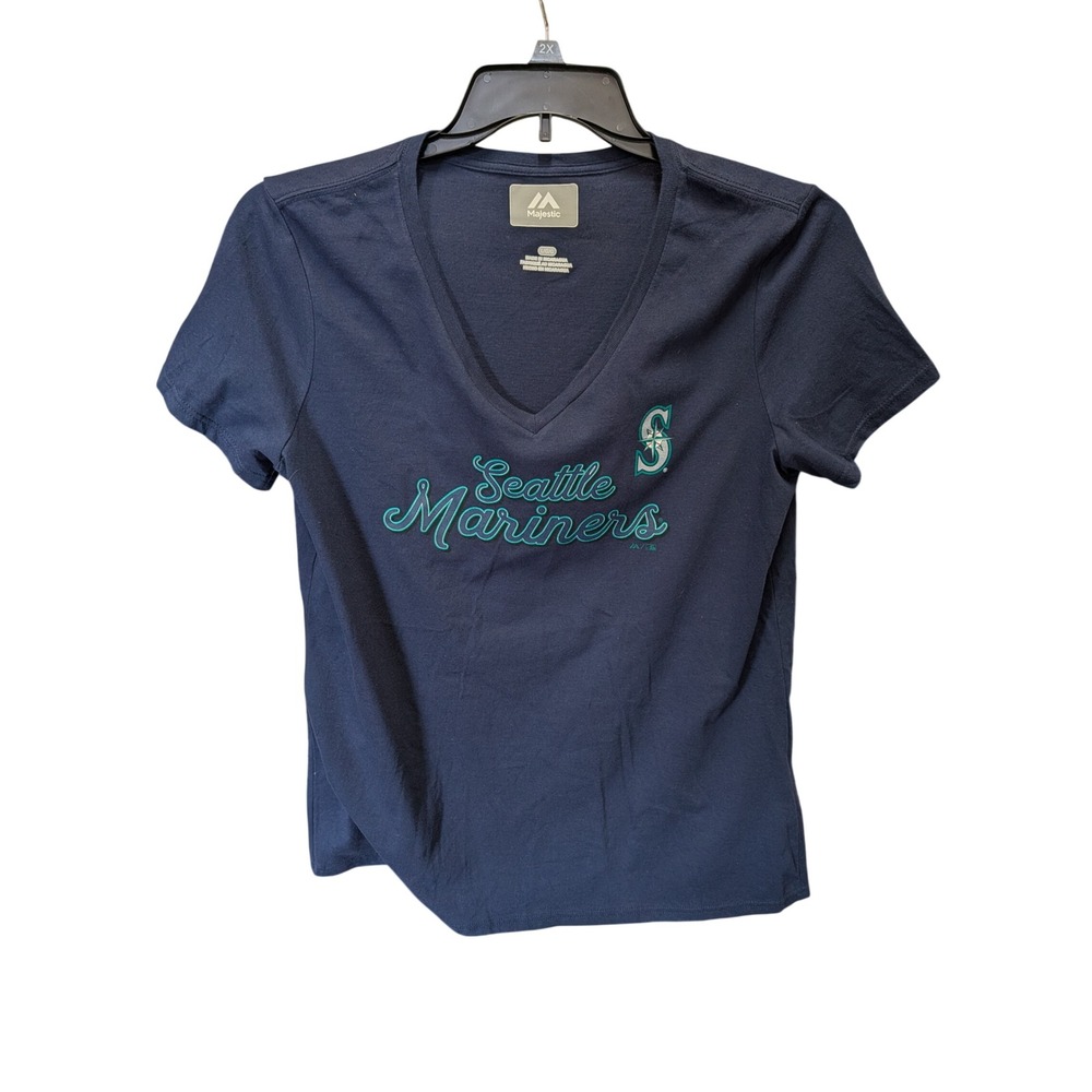 Majestic Seattle Mariners MLB Navy Blue V-Neck Graphic T-Shirt Womens Large NWT
